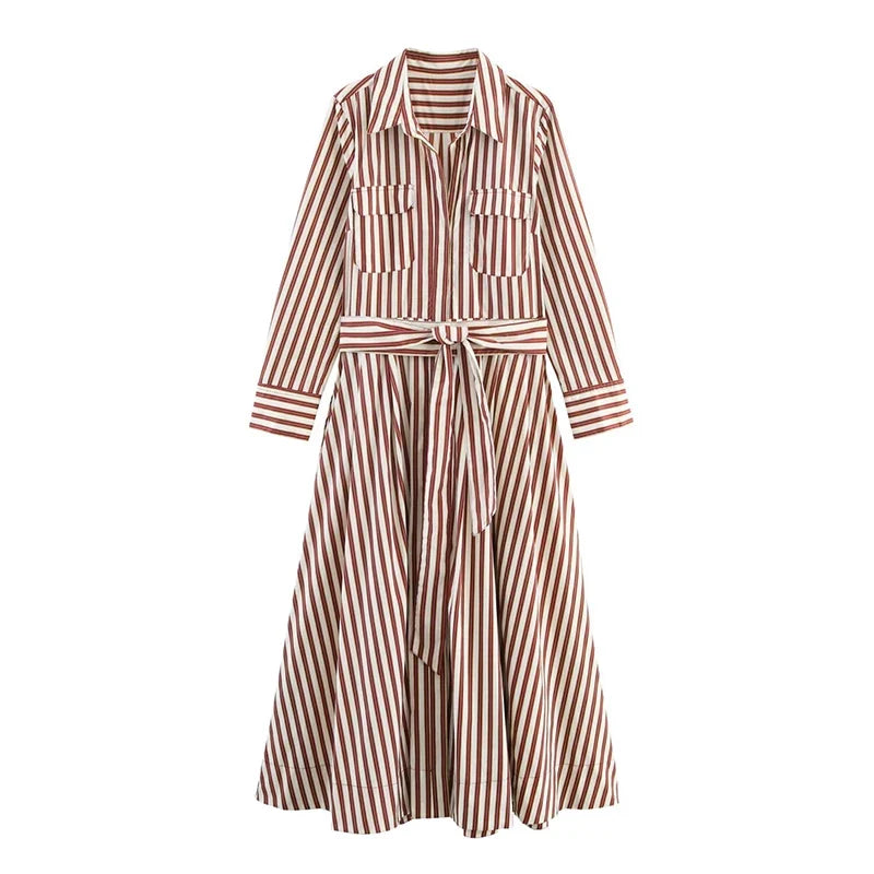 YENKYE  Front Button Striped Shirt Dress For Women Long Sleeve  With Belt A-line Midi Autumn Dresses Office Casual Vestidos
