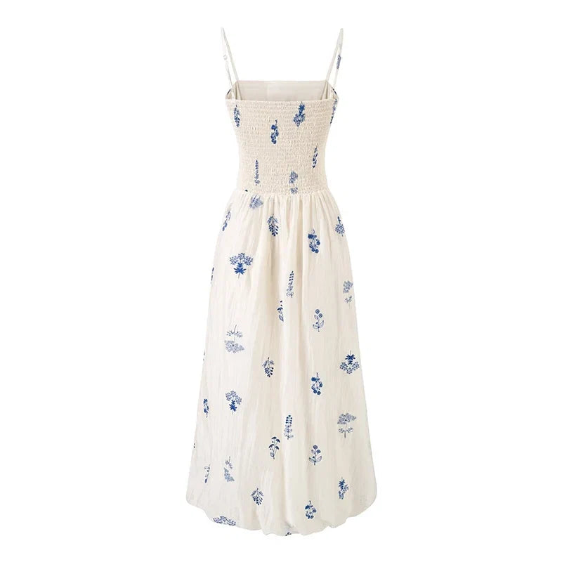 YENKYE Floral Embroidery Sexy Fit And Flare Sling Dresses Women Elegant Holiday Party Summer Dresses Beautiful Girl Midi Robe