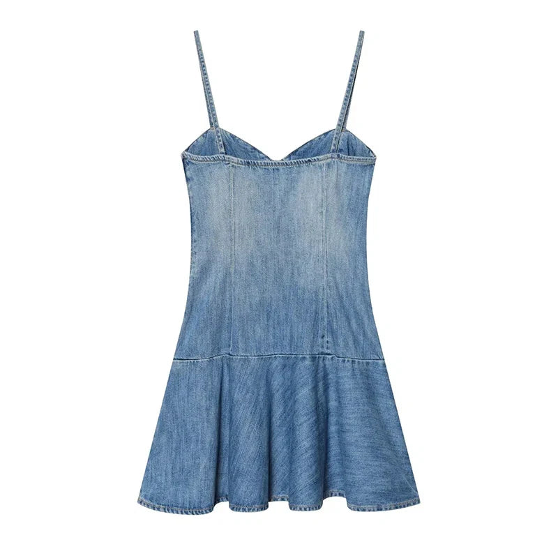 YENKYE 2026 New Women's Light Blue Denim Mini Dress Spaghetti Strap A Line Sundress Sexy Casual Vestidos