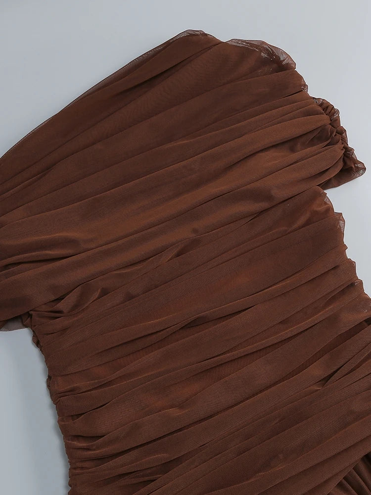 Sexy One Shoulder Ruched Design Long Dress Women Blue Brown Mesh Diagonal Collar Folds Slim Dresses Evening Party Cocktail Gowns