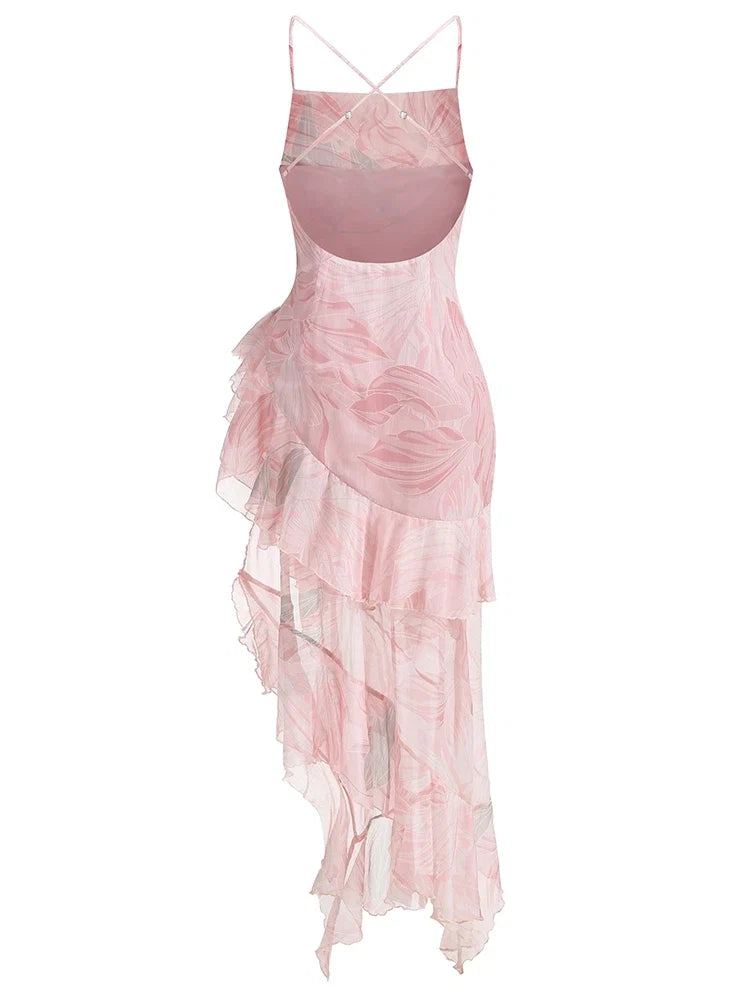Summer Sexy Spaghetti Strap Printed Ruffles Long Dress Women Pink Sleeveless Backless Flower Dresses Holiday Party Sundress
