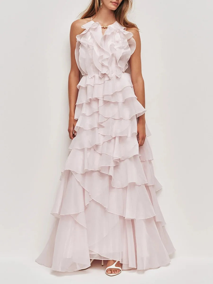 TWOTWINSTYLE Fashion Spliced Ruffles Elegant Long Dresses for Women O Neck Sleeveless High Waist Patchwork Fungus Dress Female