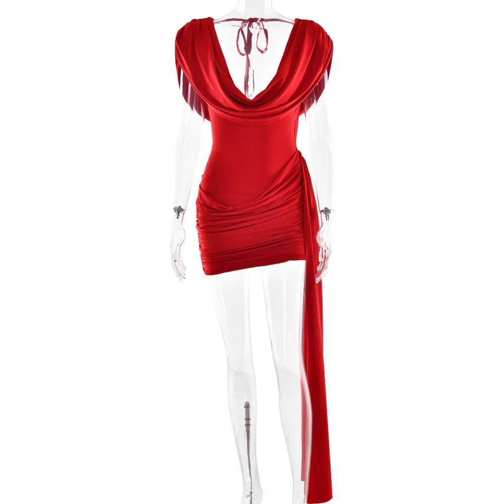 Cryptographic Elegant Ruched Draped V Neck Mini Dress Party Club Sexy Outfits for Women Sleeveless Sexy Bodycon Dresses Solid