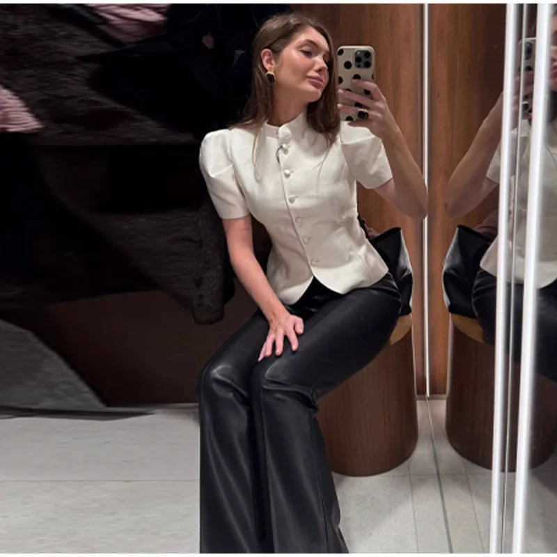 Fashion Street Ruffle Women's Blouse Solid Single Breasted Full Sleeve Pleated Cropped Shirt Lady New Casual Spring Clothing