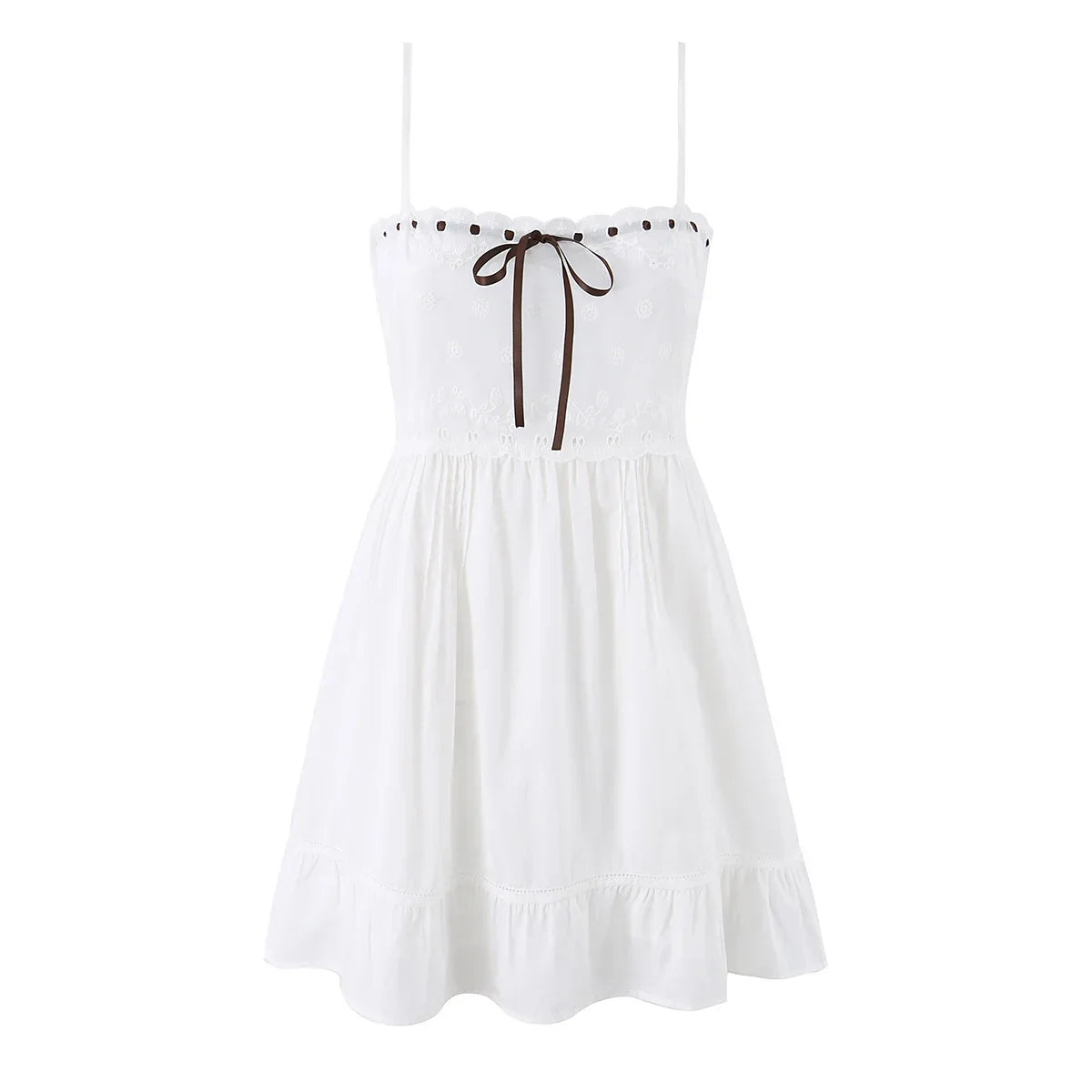 YENKYE Sexy Sling Floral Embroidery White Mini Dress For Pretty Girl High Waist A-line Cotton Sundress Beach Holiday Summer Robe