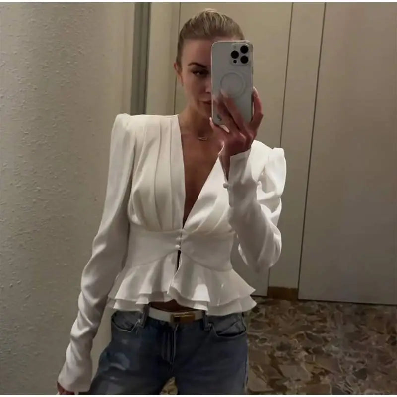 Fashion Street Ruffle Women's Blouse Solid Single Breasted Full Sleeve Pleated Cropped Shirt Lady New Casual Spring Clothing