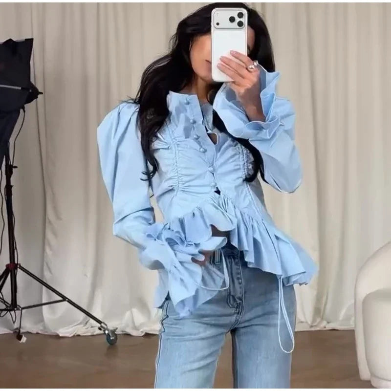 Fashion Street Ruffle Women's Blouse Solid Single Breasted Full Sleeve Pleated Cropped Shirt Lady New Casual Spring Clothing