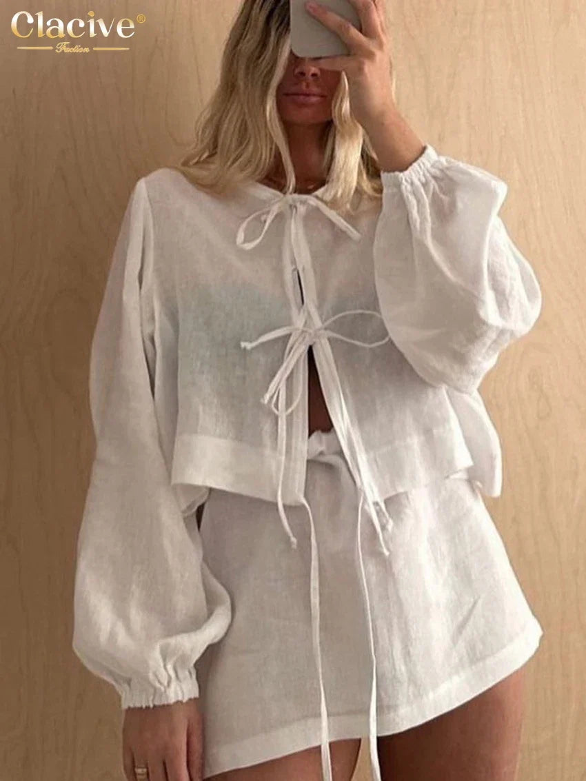 Clacive Casual Loose White Cotton 2 Piece Sets Women Outfit 2024 Elegant Long Sleeve Shirt With High Waist Mini Skirt Set Female