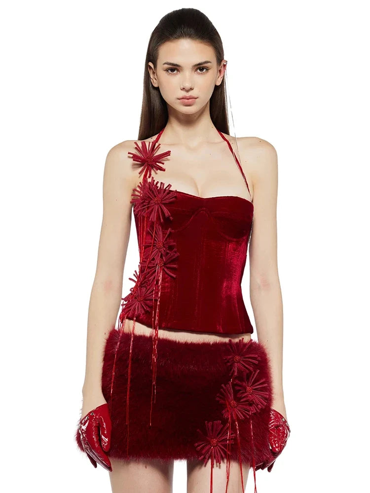 VC Structured Flowers Skirt Two Piece Set Halter Floral Black Red Corset Top With Mini Skirt Lace-up Suit Celebrity Party Wear