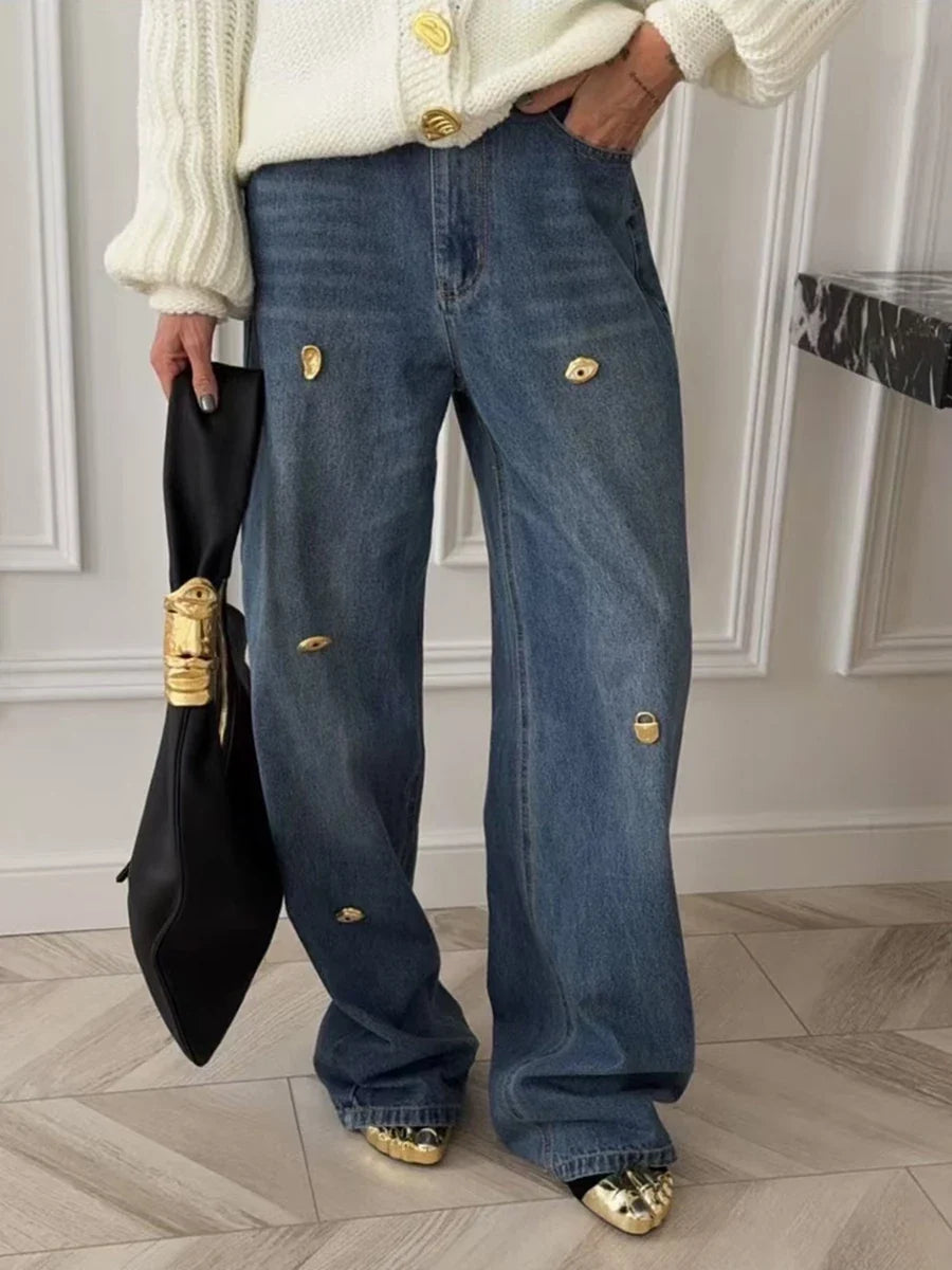TWOTWINSTYLE Loose Spliced Metal Decoration Versatile Jeans for Women High Waist Casual Wide Leg Jean Female Fashion Clothes New