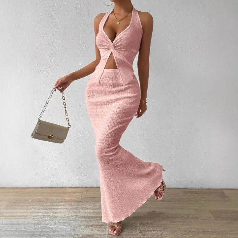 Tuularose White Long Skirt Two Piece Summer Sexy Twist Lace-up Vest Top Tight Long Skirt Set Elegant 2025 Female Long Dress Sets