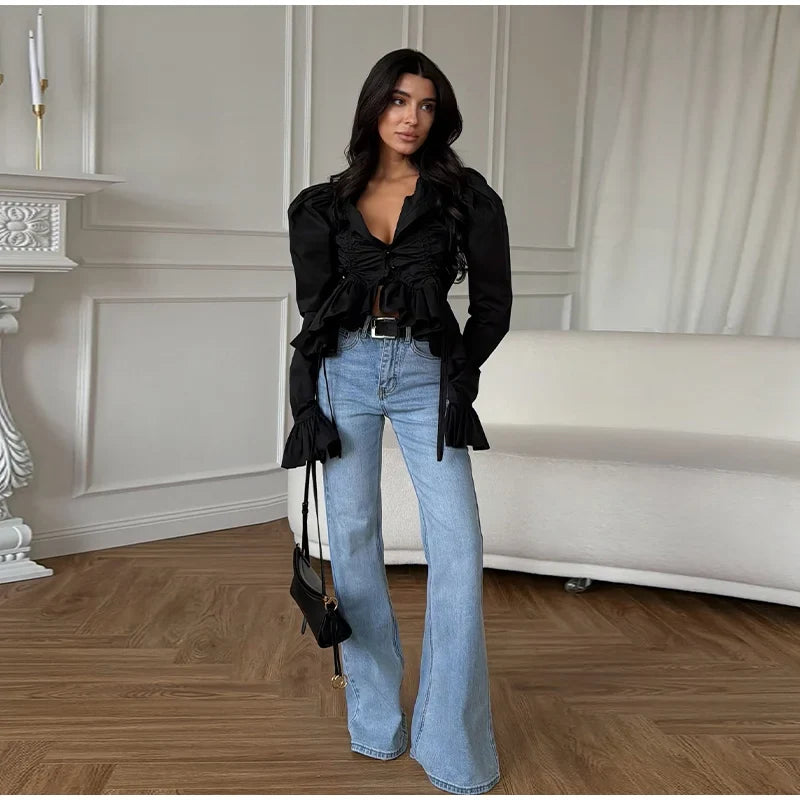 Fashion Street Ruffle Women's Blouse Solid Single Breasted Full Sleeve Pleated Cropped Shirt Lady New Casual Spring Clothing