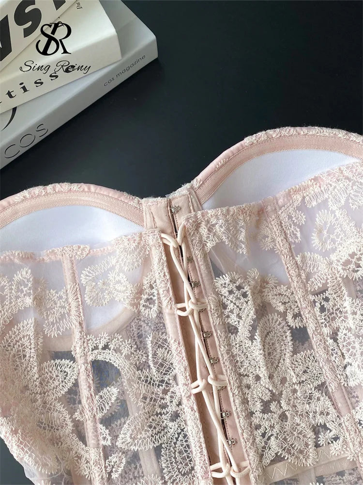 SINGREINY Floral Embroidery Sexy Club Top Female Strapless Slim Corset Backless Tank Top French Lace Up Basics Sheer Camisole