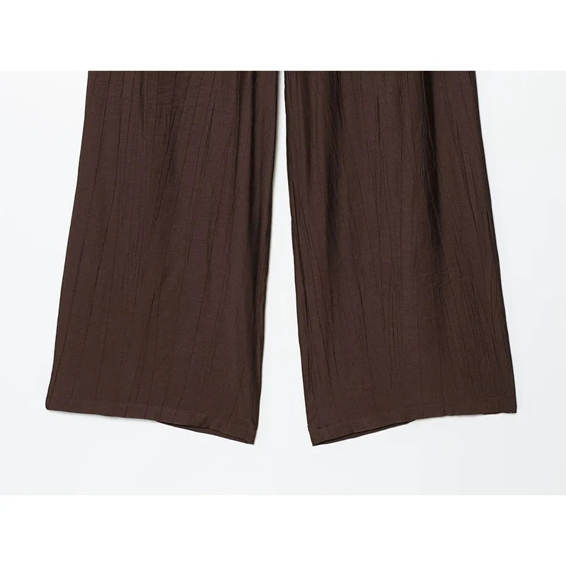 YENKYE Drawstring Elastic High Waist Brown Wide Leg Pants For Women Casual Loose Trousers pantalones de mujer