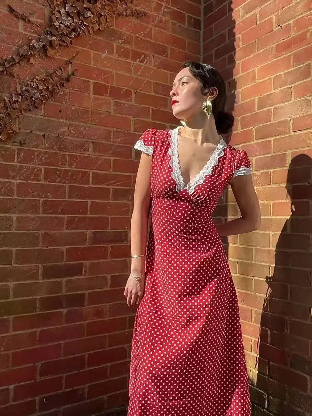 YENKYE 2025 Women French Polka Dot Red Dress Sexy Sweet Lace Trim V Neck Short Sleeve A-line Midi Summer Dresses Holiday Robe