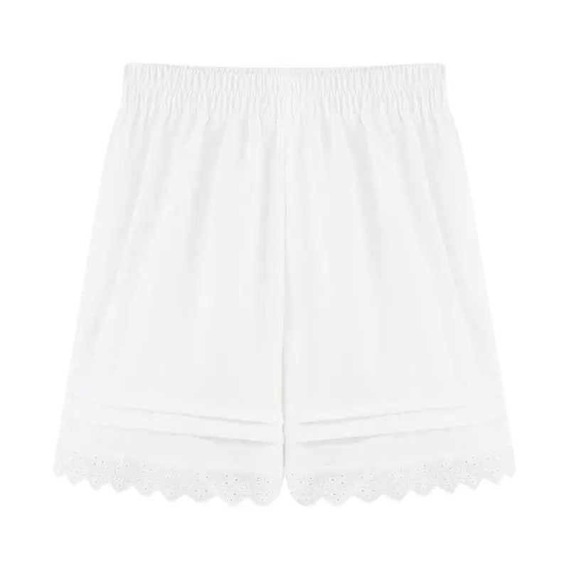 White Lace Trim Patchwork Casual Shorts for Women's High Waisted Wide Leg Vacation Beach Pants Loose Thin Bottoms Home Shorts