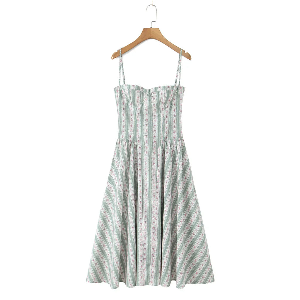 YENKYE Green Striped Floral Print Sexy Spaghetti Straps Dresses Women Elegant A-line Midi Vacation Party Dresses Summer Robe