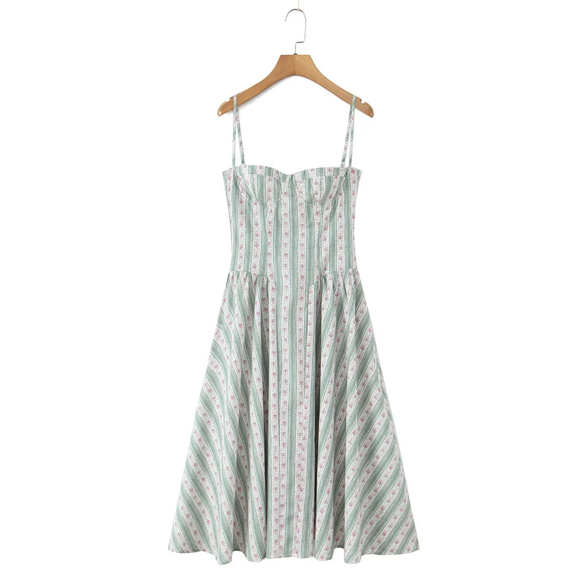 YENKYE Green Striped Floral Print Sexy Spaghetti Straps Dresses Women Elegant A-line Midi Vacation Party Dresses Summer Robe