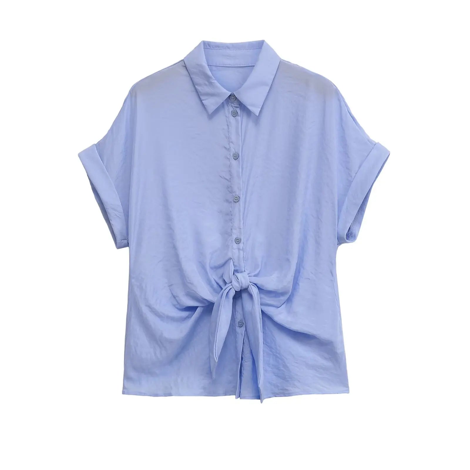 YENKYE 2026 New Women Front Knot Short Sleeve Shirt Lapel Collar Button Down Casual Blouse Loose Summer Tops