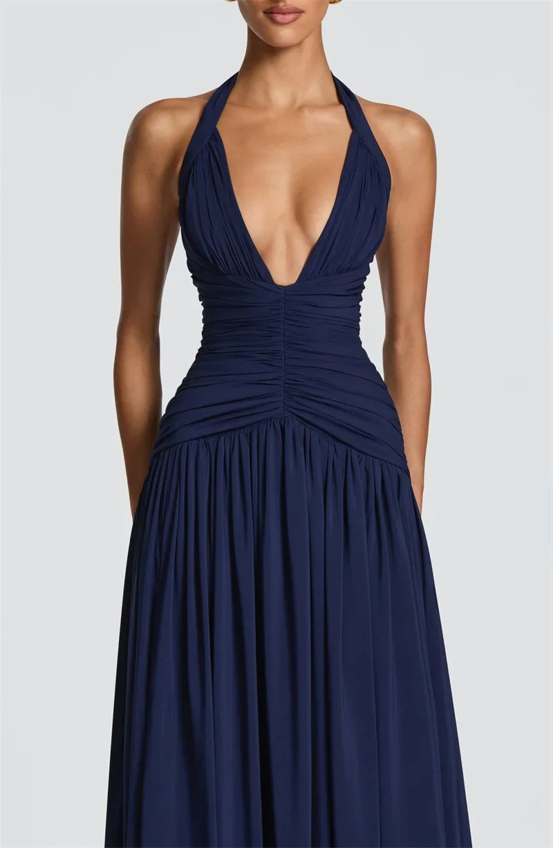 Mozision Halter Deep V Neck Sexy Maxi Dress Women Elegant Off-shoulder Sleeveless High Split Pleated Club Party Long Dress