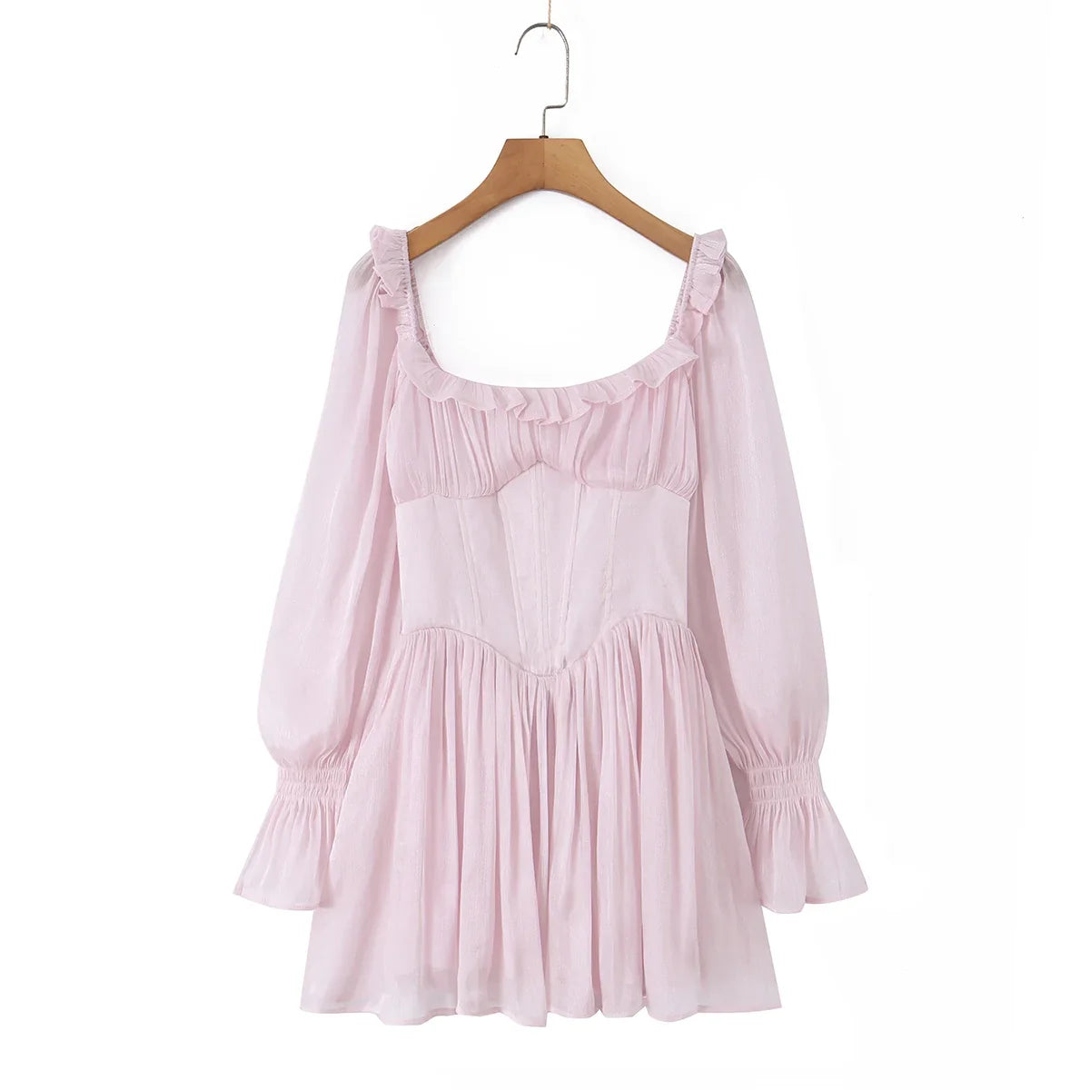 CHIC Women Bight Pink Ruched Chest Puff Long Sleeve Dress Boning Low Waist Cross Bandage Lacing Up Back Short Dresses Robe