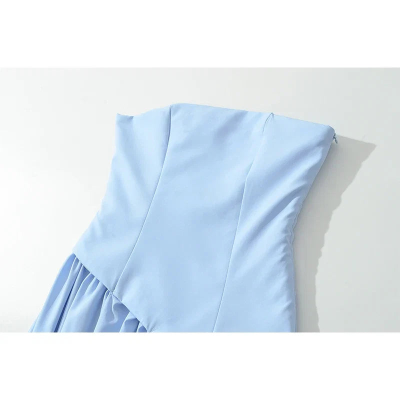 Women Light Blue Strapless Long Dress Asymmetrical Ruched Sexy Slit Lace Up Party Dresses Elegant Formal Evening Gown With Scarf