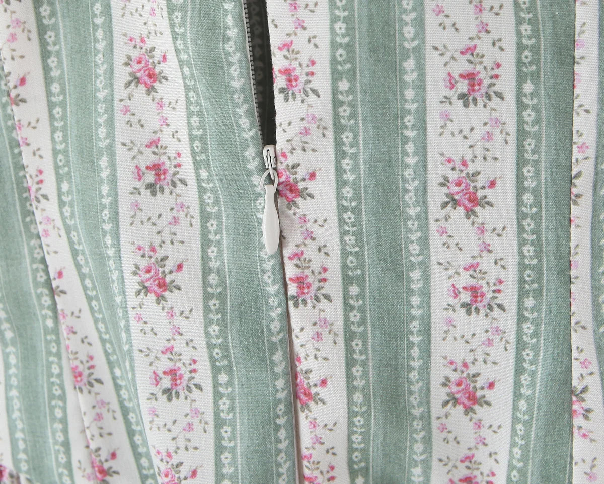 YENKYE Green Striped Floral Print Sexy Spaghetti Straps Dresses Women Elegant A-line Midi Vacation Party Dresses Summer Robe