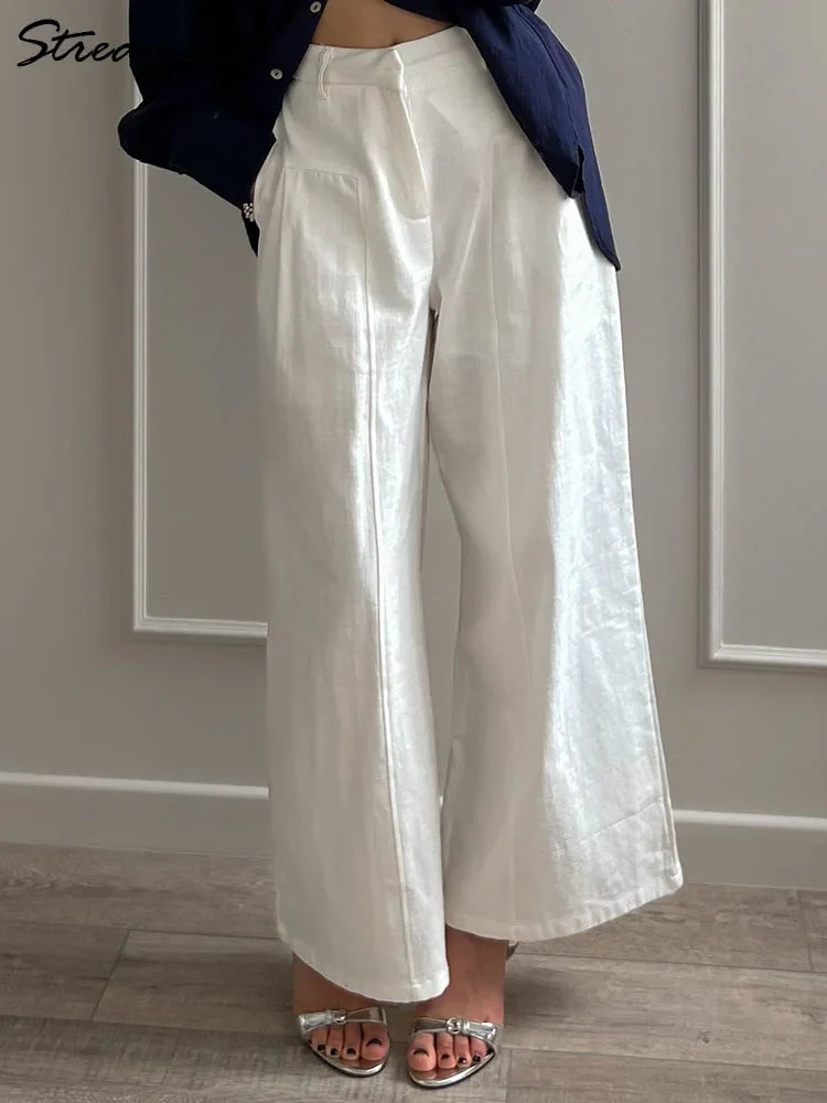 White Cotton Linen Pants Women Wide Leg Formal Trousers Summer Straight Leg Suit Pants High Waist Ladies Formal Pants Loose