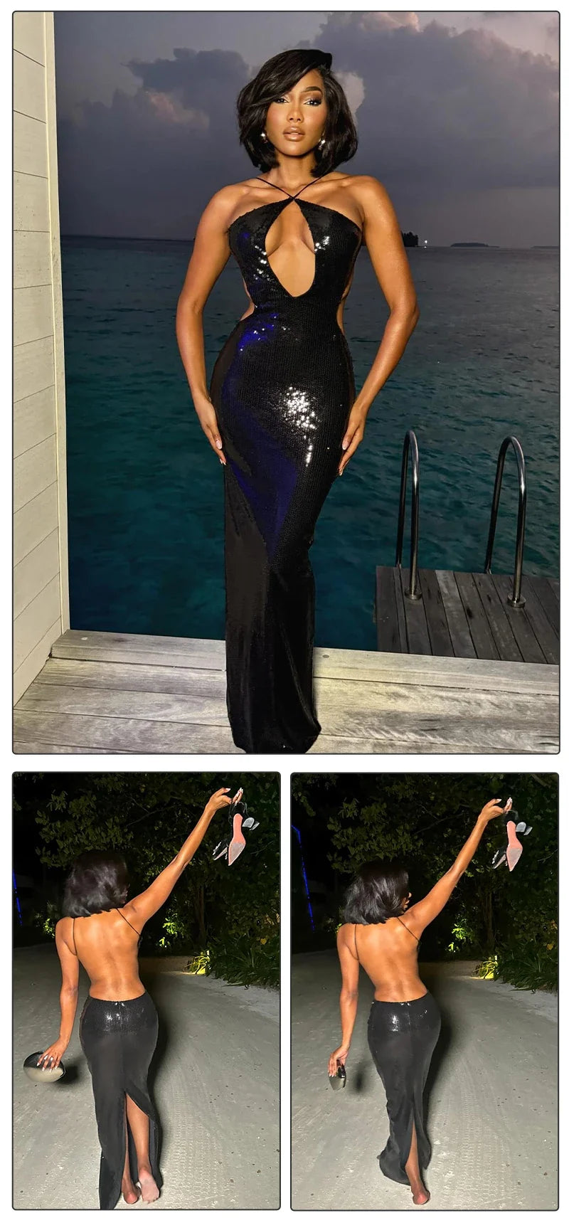 VC Women'S Gold Sequins Luxury Party Gown Sexy Backless  Long Dress For Wedding Banquet Party Female Clothing