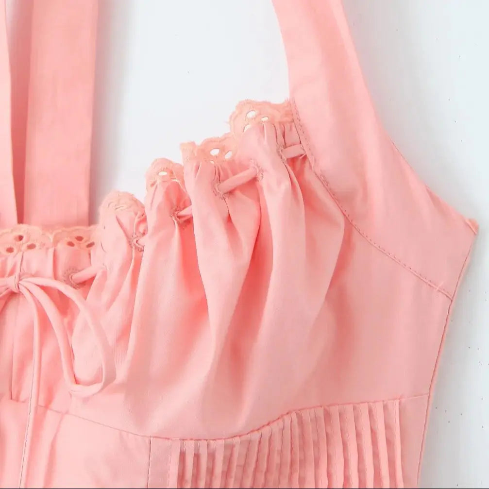 2024 Sexy Pink Corset Style Bow Halter Dress Spliced Lace Drawstring Rope Chest Pleated Slim Low Waist A-lined Swing Midi Robe