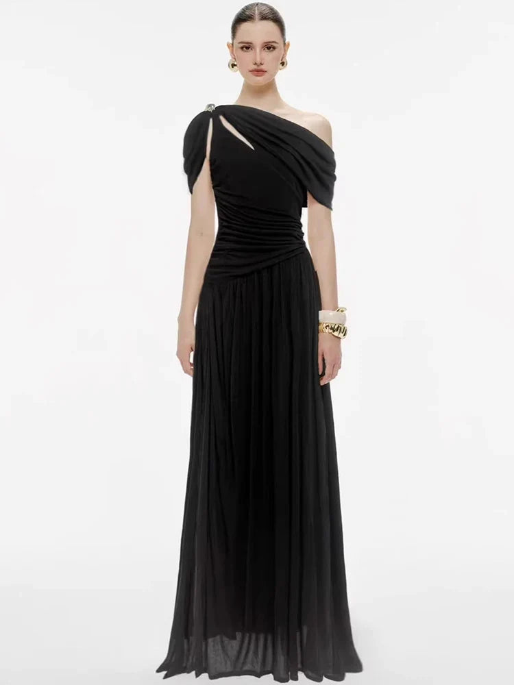 DEAT Elegant Dress Asymmetrical Pleated Long Hollow Out Solid Color Women's Evening Party Dresses 2026 Spring New Tide 35Z4129