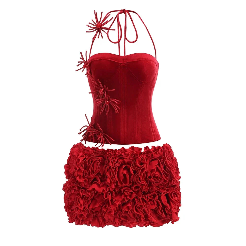 VC Structured Flowers Skirt Two Piece Set Halter Floral Black Red Corset Top With Mini Skirt Lace-up Suit Celebrity Party Wear