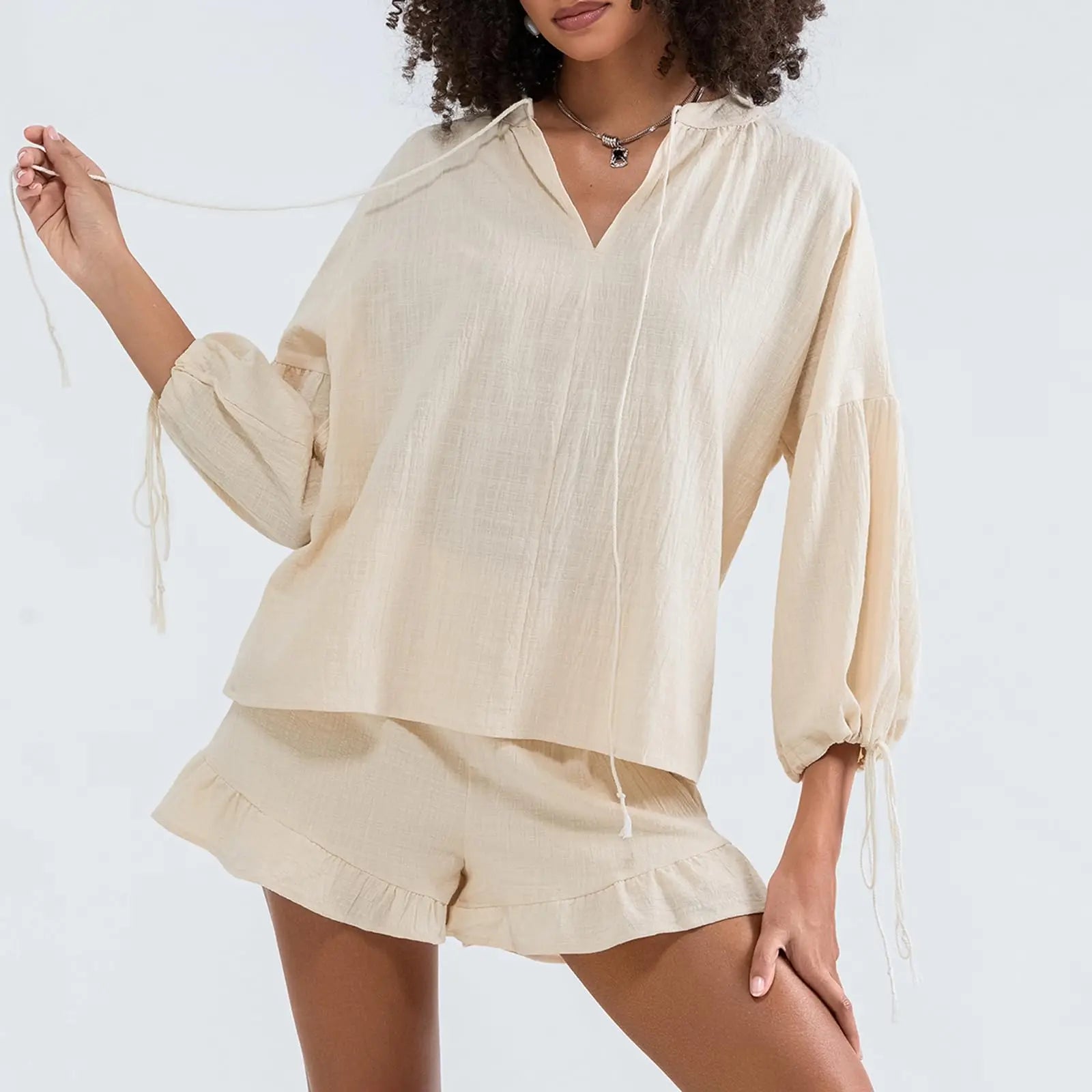Summer Women's Suit 2-piece Sets For Women Long Puff Sleeves Blouse Loose V-neck Lace Up Summer Outfits Ruffle Shorts Beach Sets