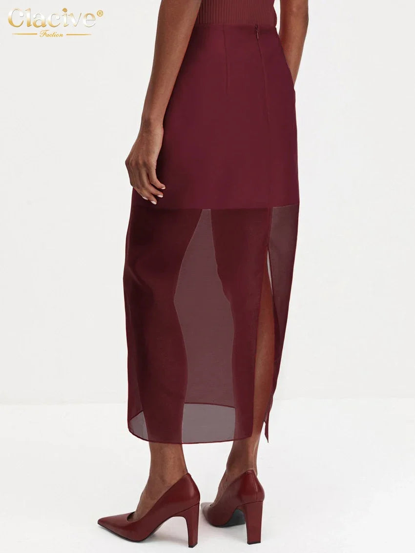 Clacive Fashion Loose Balck Women Skirt Casual High Waist Ankle Length Skirts Elegant Classic Mesh Spliced Skirt Female Clothing
