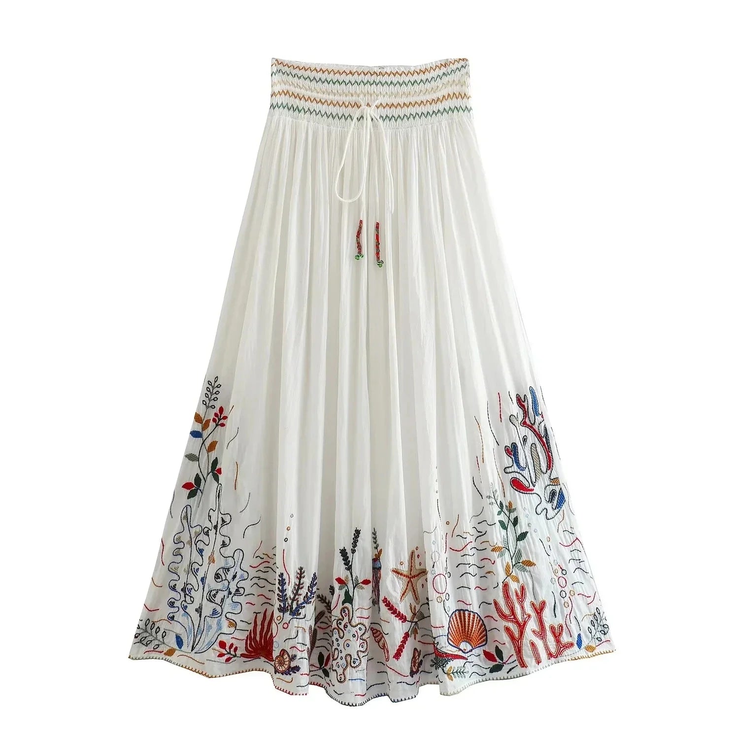 Foridol Marine Organism Embroidery Batwing Sleeve Summer Spring Maxi Skirt Set Cotton White Tassle Dress Set Outfits Button Suit