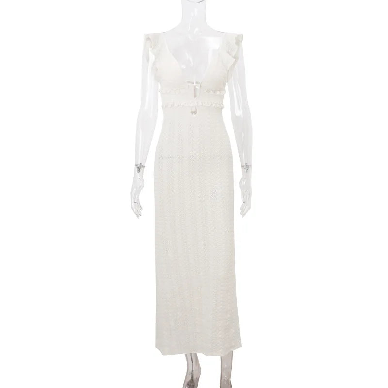 Apricot Hollow Out Maxi Dress Women Sexy See Through Backless Slim Beach Dress Summer Fashion Ruffle Holiday Party Dress 2024