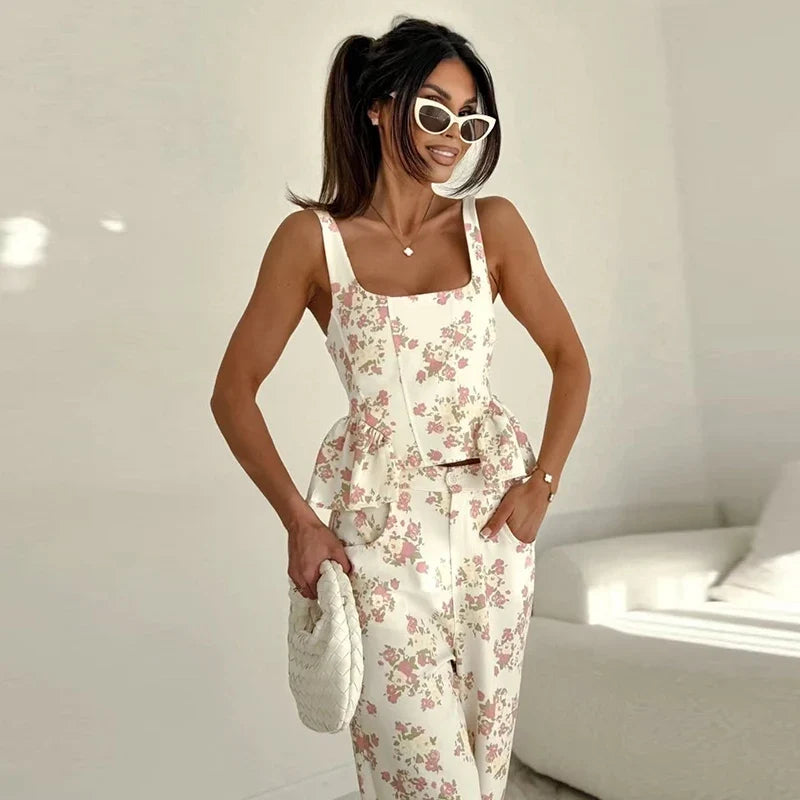 Floral Print Women's Pants Set Sleeveless Crop Top Matching High Waist Wide Leg Trousers 2-Piece Co-ord Spring Woman Outfit
