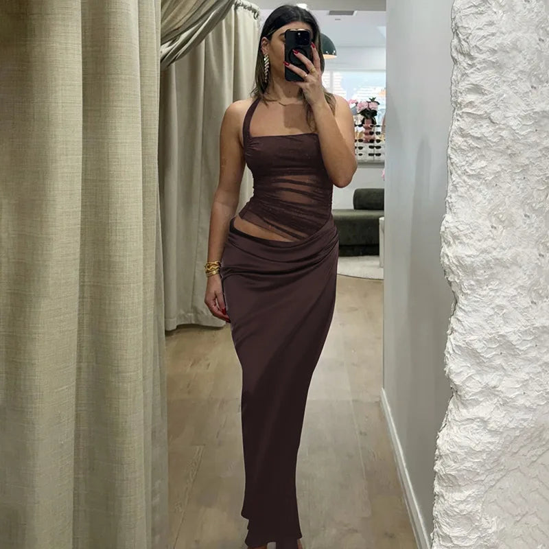 Cryptographic Elegant Halter Sexy Mesh Sheer Cut Out Maxi Dress Club Party Long Dresses Outfits Asymmetrical Ruched Gown Summer