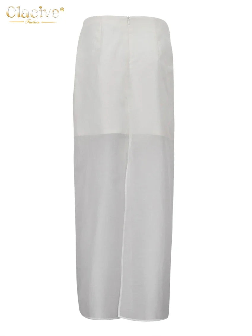 Clacive Fashion Loose Balck Women Skirt Casual High Waist Ankle Length Skirts Elegant Classic Mesh Spliced Skirt Female Clothing