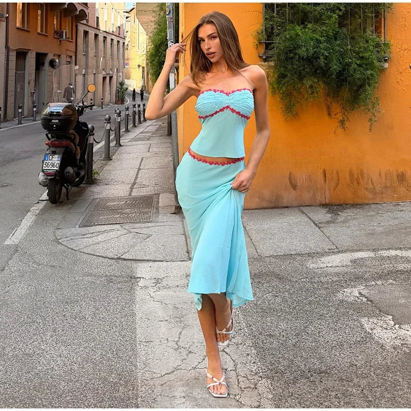Sexy Sequins Cropped Top Long Skirt Sets Women Sleeveless Backless Lace Up Tank Slim Skirts 2026 Summer Beach Vacation Outfits