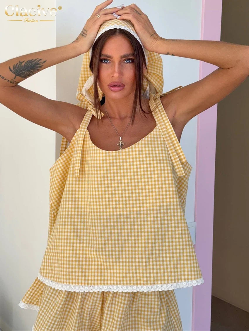Clacive Fashion Loose Yellow Plaid 3 Piece Set Women Summer Sleeveless Tank Top + Scarf With High Waist Shorts Set Female Cloth