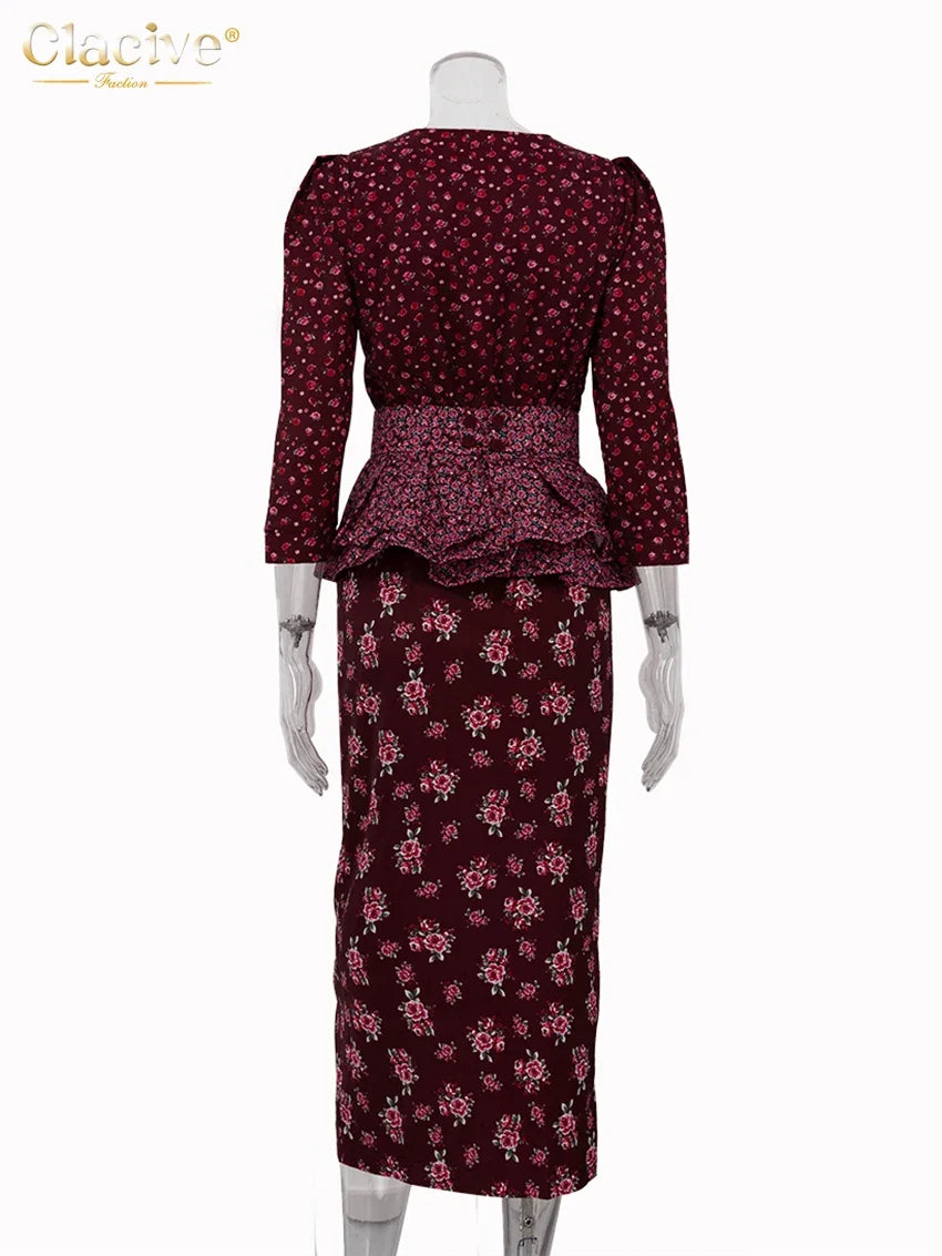 Clacive Fashion Loose Print Dresses Sets For Women 2 Pieces Bodycon U-Neck Long Sleeve High Waist Girdle Midi Slit Dress Set