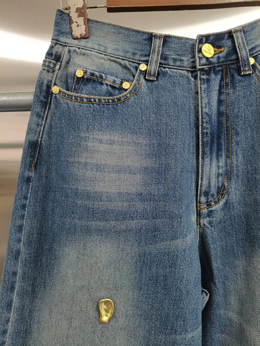TWOTWINSTYLE Loose Spliced Metal Decoration Versatile Jeans for Women High Waist Casual Wide Leg Jean Female Fashion Clothes New