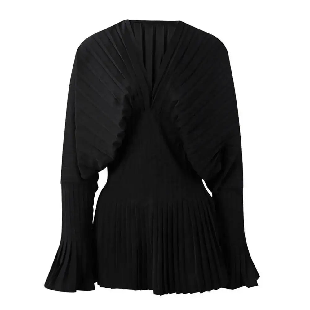 DEAT Fashion Women's Blouses Solid Color V-neck Puff Sleeve Folds Girdle Waist Slim Pullover Shirts Summer 2024 New 17A7295