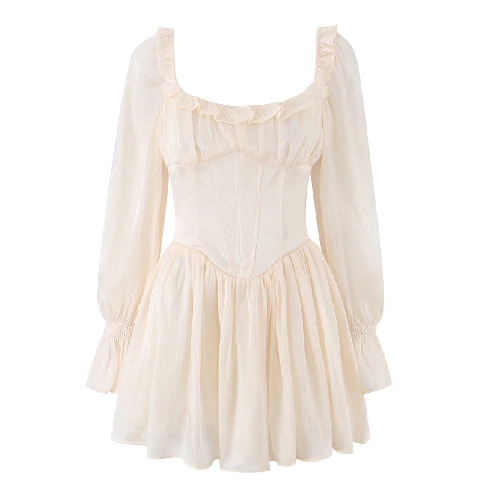 Women Bright Apicot Wood Ears Fold Chest Puff Long Sleeve Dress Boning Low Waist Cross Bandage Lacing Up Back Short Dresses Robe