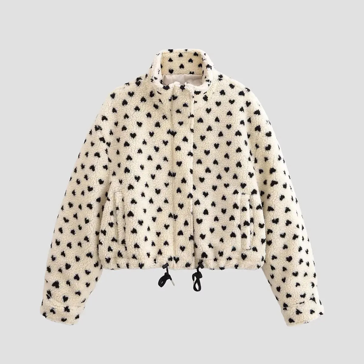New Women Cute Heart Print Teddy Fleece Jacket Zipper Ladies Long Sleeve Winter Warm Coat