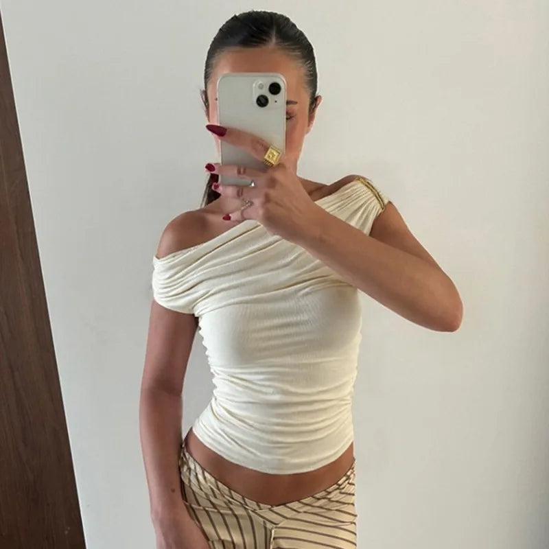 Cryptographic Fashion Off Shoulder Ruched Tops T-shirts Outfits Sleeveless Summer Cropped Tops Tees Sexy Backless Solid Clothes