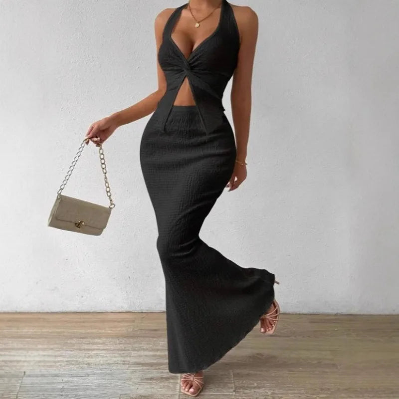 Tuularose White Long Skirt Two Piece Summer Sexy Twist Lace-up Vest Top Tight Long Skirt Set Elegant 2025 Female Long Dress Sets