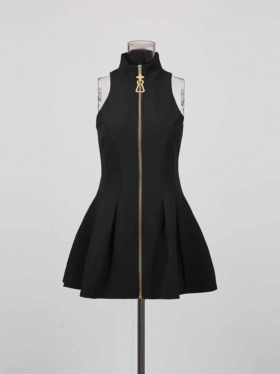 TWOTWINSTYLE Slimming Spliced Zipper Fashion Mini Dresses for Women High Neck Sleeveless High Waist Patchwork Folds Dress Female