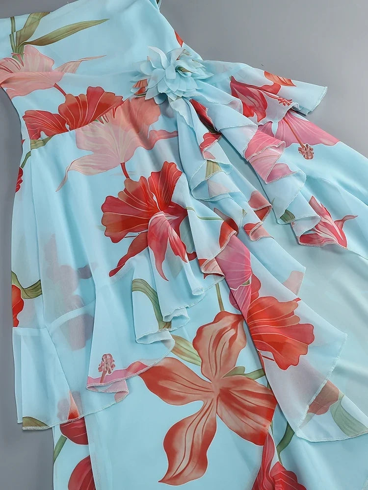 Summer Sexy Spaghetti Strap Printed Ruffles Long Dress Women Pink Sleeveless Backless Flower Dresses Holiday Party Sundress